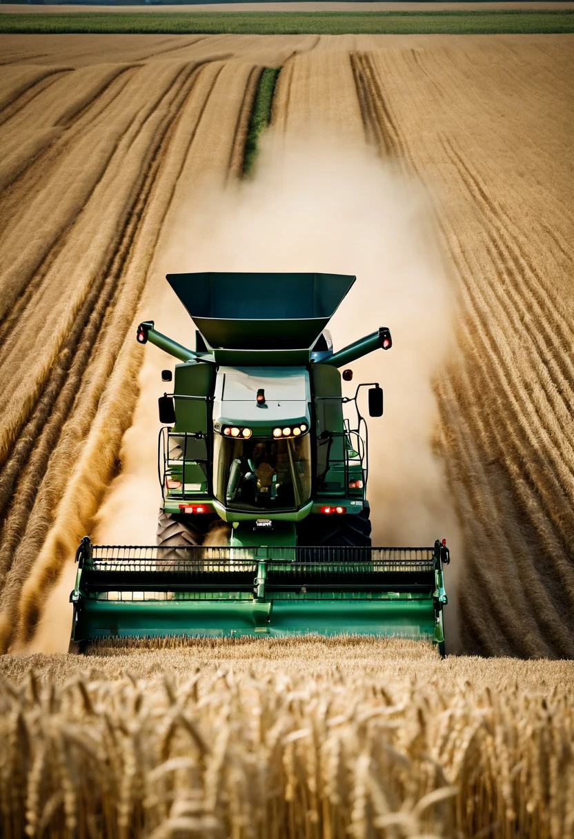 a high-angle shot of a combine harvester moving through a wheat field, capturing the motion and activity of the harvest process