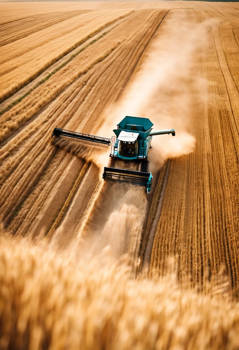 a high-angle shot of a combine harvester moving through a wheat field, capturing the motion and activity of the harvest process