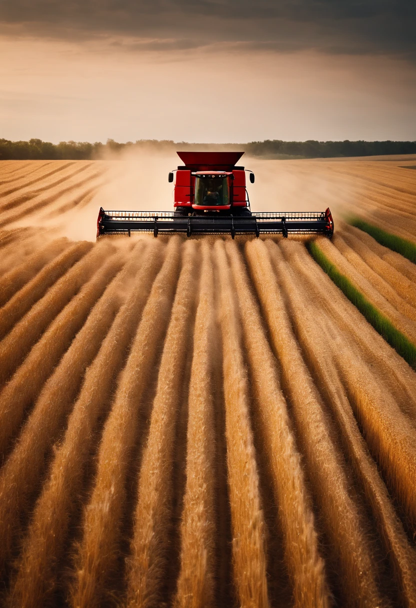 a high-angle shot of a combine harvester moving through a wheat field, capturing the motion and activity of the harvest process