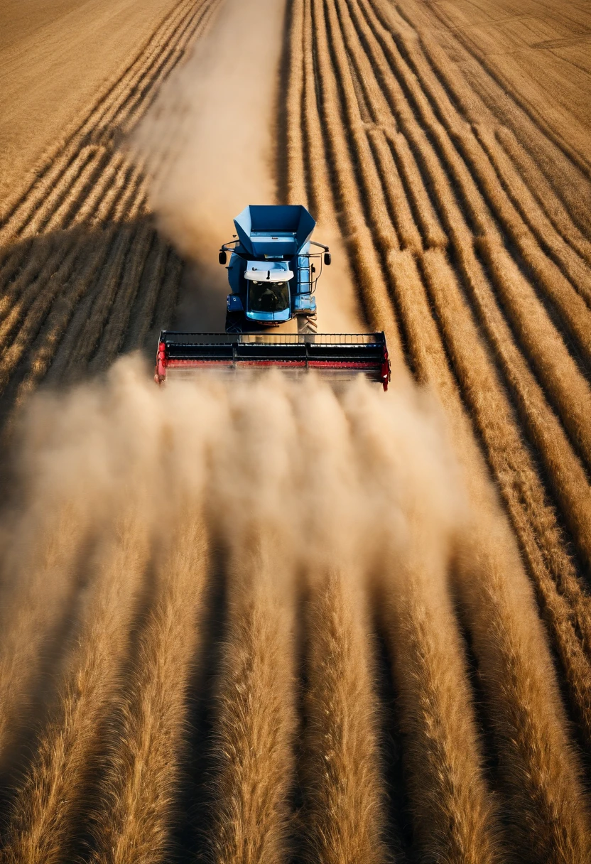 a high-angle shot of a combine harvester moving through a wheat field, capturing the motion and activity of the harvest process