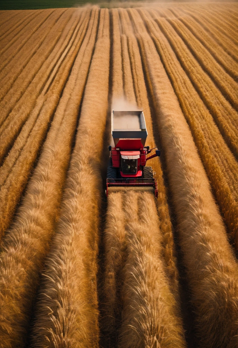 a high-angle shot of a combine harvester moving through a wheat field, capturing the motion and activity of the harvest process