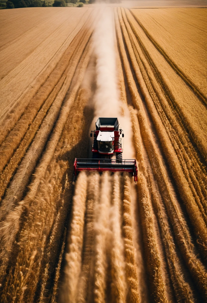 a high-angle shot of a combine harvester moving through a wheat field, capturing the motion and activity of the harvest process