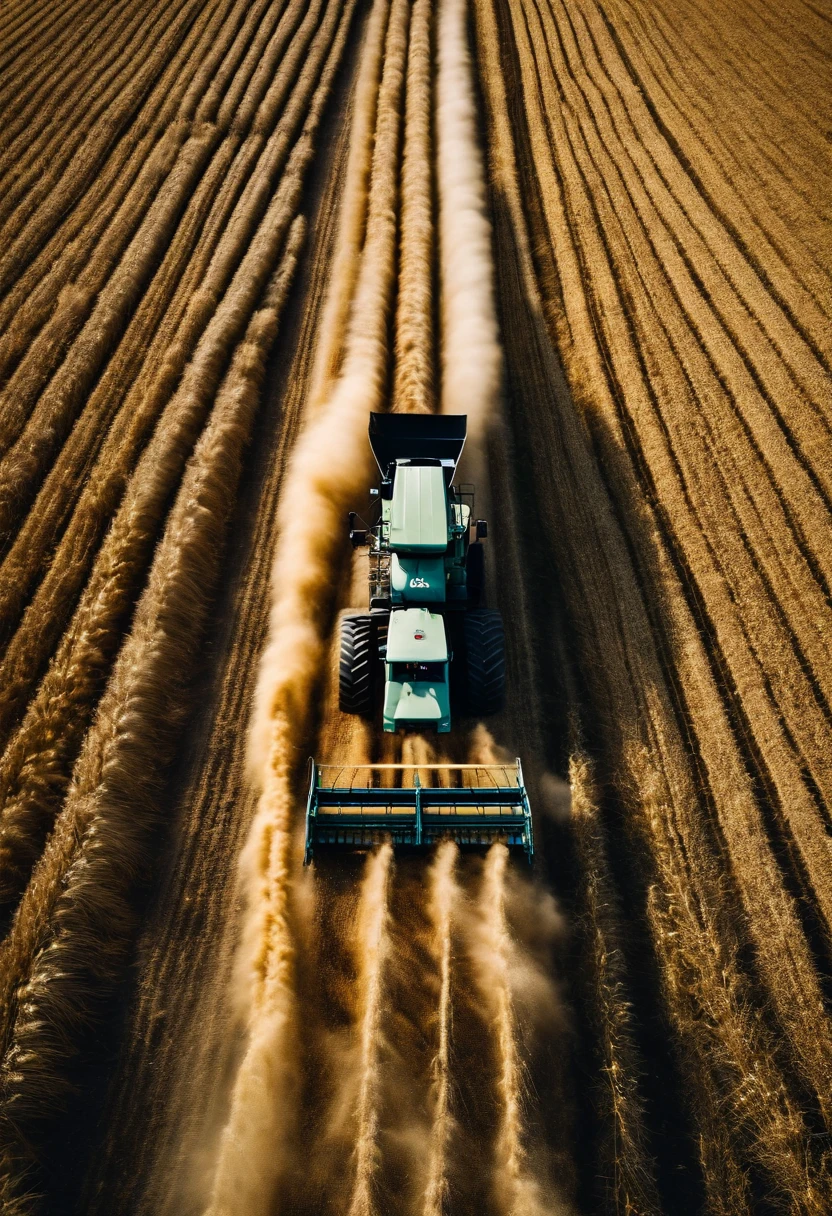 a high-angle shot of a combine harvester moving through a wheat field, capturing the motion and activity of the harvest process