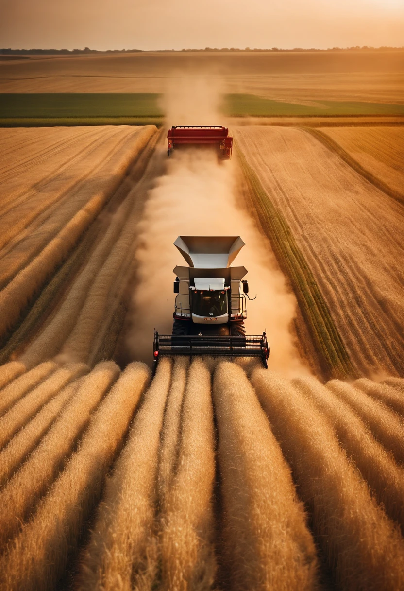 a high-angle shot of a combine harvester moving through a wheat field, capturing the motion and activity of the harvest process