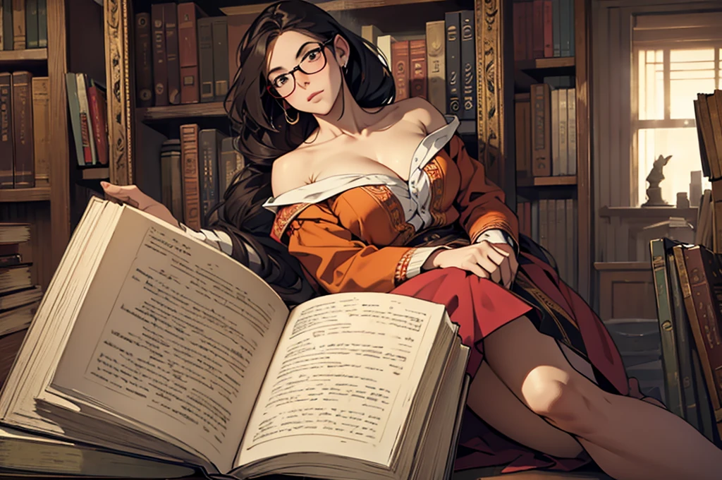 ((best quality)) ((masterpiece)) ((very detailed)) a beautiful adult woman is in a library, she is naked, her whole body is exposed, she is wearing glasses, her hair is tied up, she is slender , her breasts are gigantic, the woman is extremely sexy, she is taking an old book from the shelf, (view from below) very old books, old library, strong shadows, dark environment, full body, ((full body)).