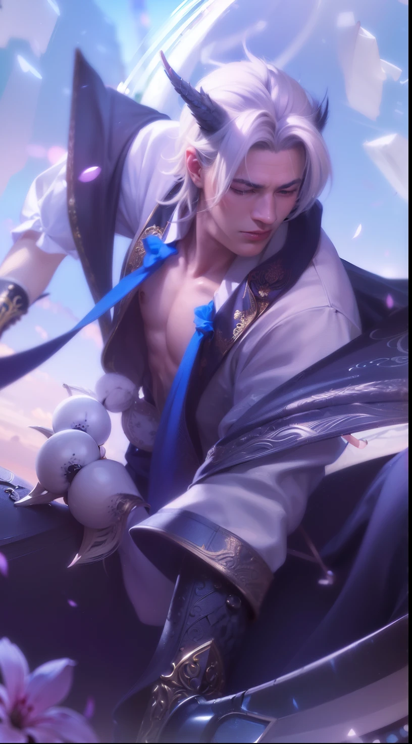 masculine male, masterpiece, ((perfect eyeest quality, (semirealism:1.9), beautiful lighting, (extremely detailed CG unity 4k fhd wallpaper), High Detail, Sharp focus, dramatic outdoors, 1 boy ,19 years old, white hair