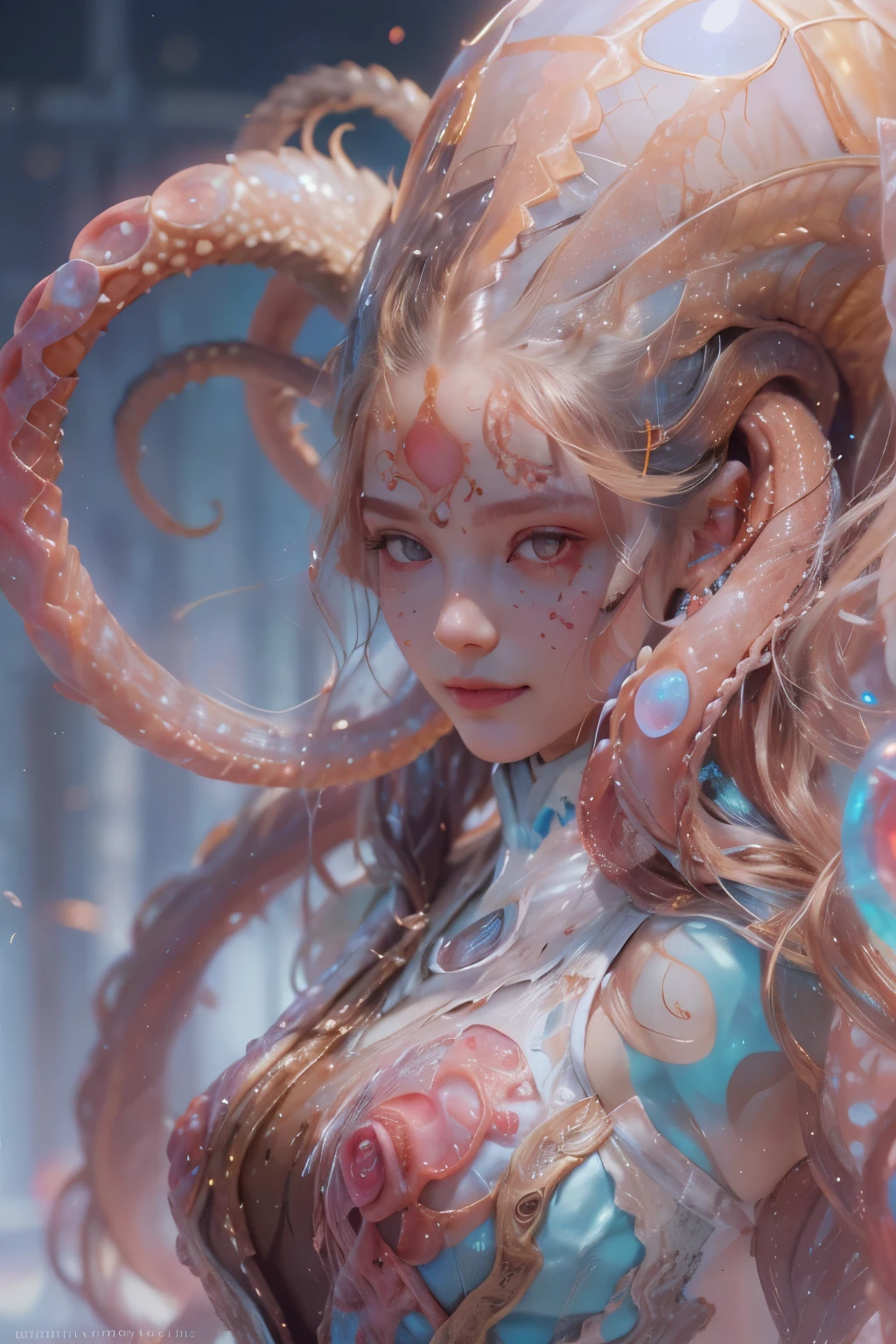 Portrait, (beautiful female alien:1.2), (she has red eyes with no pupils:1.8), (Translucent skin:1.7), (There is a female genital-like organ in the middle of the forehead:1.9), (The most beautiful face in the history of the universe:1.2),an evil gaze that seduces, (large mouth:1.1), (sharp teeth like a vampire:1.2), Full body like, (bio luminescent:1.5), (Smile wickedly:1.3), (sexypose:1.5), alien, No humans, cells are fused, (Lots of translucent tentacles:1.3) extraterrestrial, cell, bio image, Best Quality, 8K,4K_quality, High Definition, Dramatic Lighting, masutepiece:1.5,cinematic quality, detail up, (Intricate details:1.2), High resolution, High Definition, drawing faithfully, (Thick eyebrows:1.2), Beautiful eyes with fine symmetry,(Highly detailed face and eyes:1.2), Intimate face, (Super detailed skin quality feeling:1.4), Perfect Anatomy, (Beautiful toned body:1.5), (Moist skin:1.2), No makeup, (dark circles:1.1), long canines, cinematic drawing of characters, ultra high quality model, cinematic quality, detail up, (Intricate details:1.2), High resolution, High Definition, drawing faithfully, Official art, Unity 8K wall , 8K Portrait, Best Quality, Very High resolution, ultra detailed artistic photography, midnight aura, unreal enginee 5, Ultra Sharp Focus, art by alberto seveso, ArtGerm, Roisch, intricate artwork, best quality, masutepiece, ultra High resolution, (photos realistic:1.4), Ultra-realistic realism, dream-like, nautilus, Creation of fantasy, Snail, Dream Snail, biopunk nautilus, Thrilling color schemes, Ultra-realistic realism, seductively smiling, Blue tentacles,