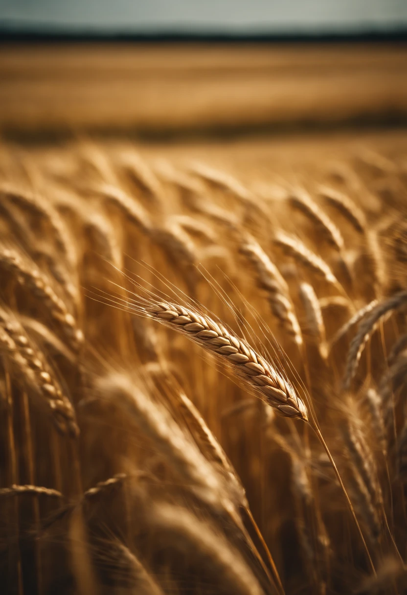 a wide-angle shot of a vast wheat field, showcasing the golden waves of grain as they sway in the wind