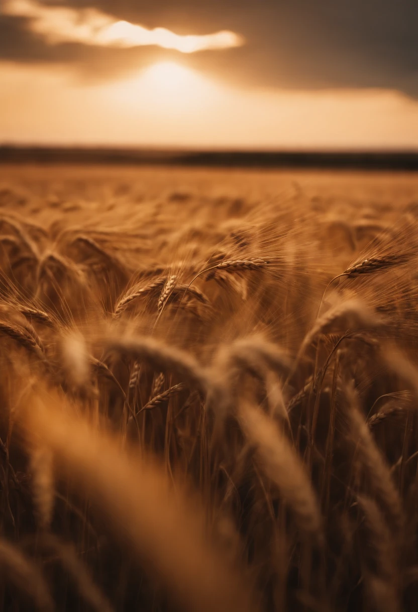 a wide-angle shot of a vast wheat field, showcasing the golden waves of grain as they sway in the wind