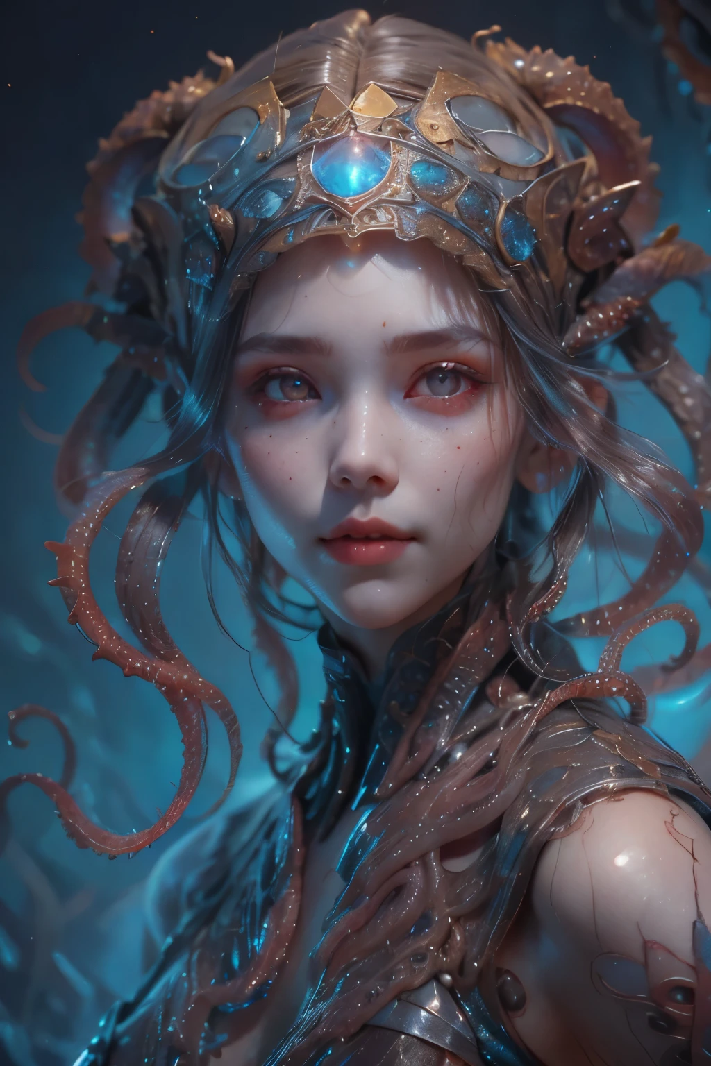 Portrait, (beautiful female alien:1.2),  (she has red eyes with no pupils:1.8), (Translucent skin:1.7),  (There is a female genital-like organ in the middle of the forehead:1.9), (The most beautiful face in the history of the universe:1.2),an evil gaze that seduces, (large mouth:1.1), (sharp teeth like a vampire:1.2), Full body like, (bio luminescent:1.5), (Smile wickedly:1.3),  (sexypose:1.5), alien, No humans, cells are fused, (Lots of translucent tentacles:1.3) extraterrestrial, cell, bio image, Best Quality, 8K,4K_quality, High Definition, Dramatic Lighting, masutepiece:1.5,cinematic quality, detail up, (Intricate details:1.2), High resolution, High Definition, drawing faithfully, (Thick eyebrows:1.2), Beautiful eyes with fine symmetry,(Highly detailed face and eyes:1.2), Intimate face, (Super detailed skin quality feeling:1.4), Perfect Anatomy,  (Beautiful toned body:1.5),  (Moist skin:1.2), No makeup, (dark circles:1.1), long canines, cinematic drawing of characters, ultra high quality model, cinematic quality, detail up, (Intricate details:1.2), High resolution, High Definition, drawing faithfully, Official art, Unity 8K wall  , 8K Portrait, Best Quality, Very High resolution, ultra detailed artistic photography, midnight aura,  unreal enginee 5, Ultra Sharp Focus, art by alberto seveso, ArtGerm, Roisch, intricate artwork, best quality, masutepiece, ultra High resolution, (photos realistic:1.4), Ultra-realistic realism, dream-like,  nautilus, Creation of fantasy, Snail, Dream Snail,  biopunk nautilus, Thrilling color schemes， Ultra-realistic realism， seductively smiling, Blue tentacles,