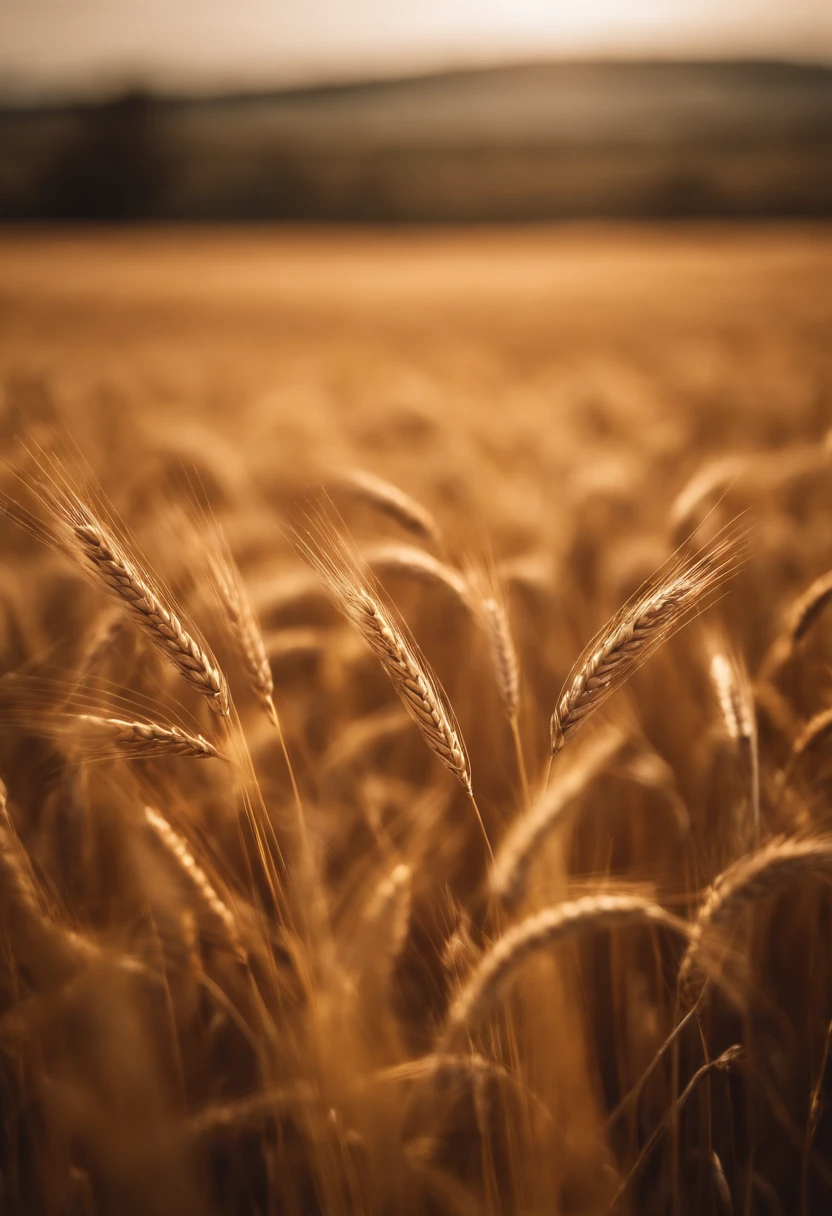 a wide-angle shot of a vast wheat field, showcasing the golden waves of grain as they sway in the wind