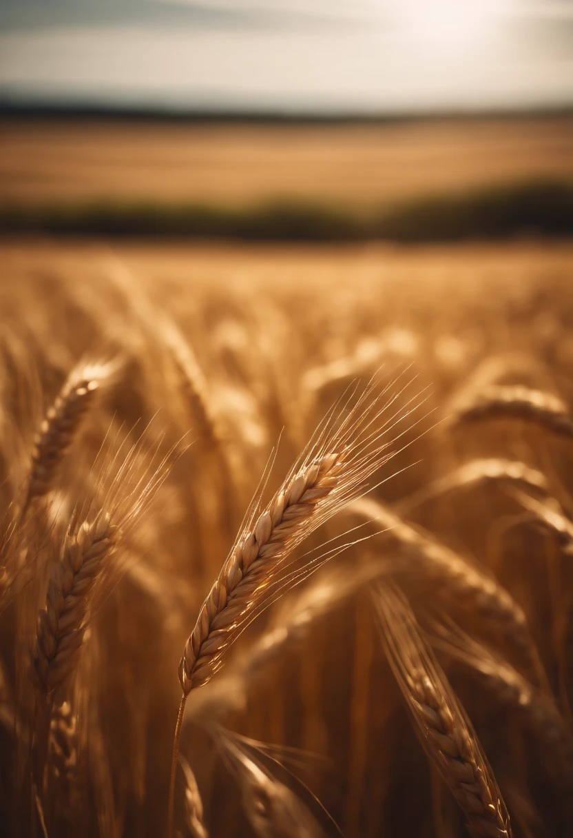 a wide-angle shot of a vast wheat field, showcasing the golden waves of grain as they sway in the wind