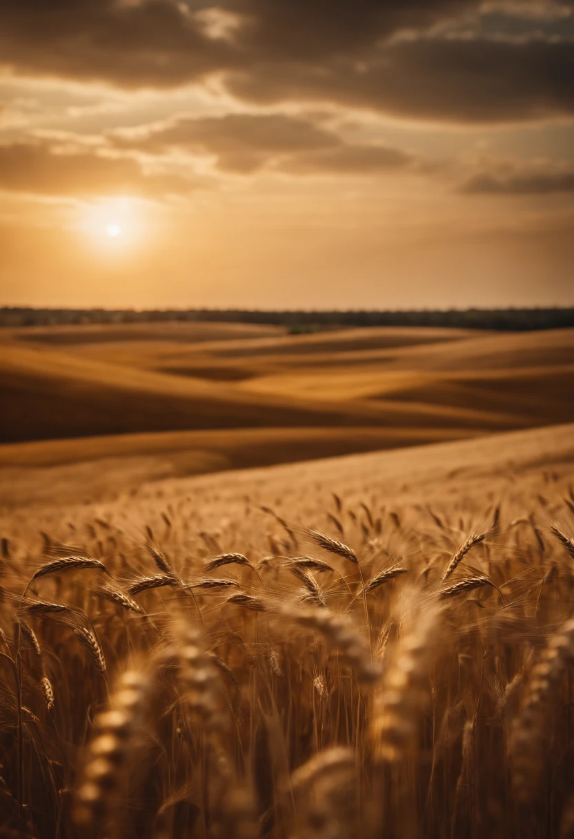 a wide-angle shot of a vast wheat field, showcasing the golden waves of grain as they sway in the wind