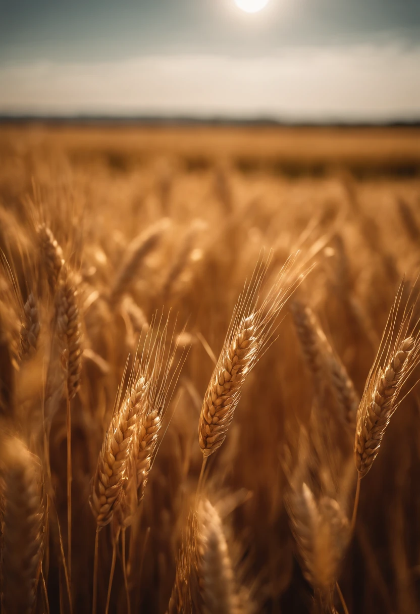 a wide-angle shot of a vast wheat field, showcasing the golden waves of grain as they sway in the wind