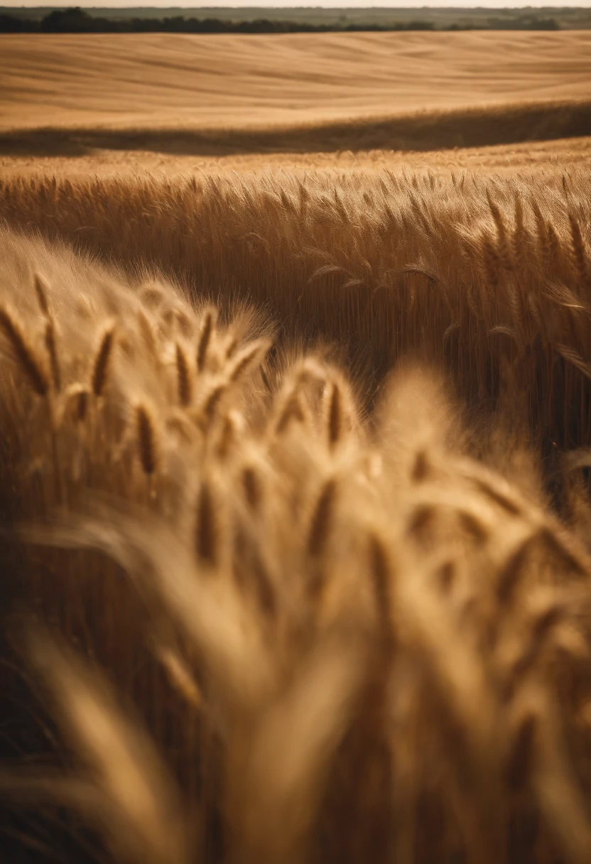a wide-angle shot of a vast wheat field, showcasing the golden waves of grain as they sway in the wind