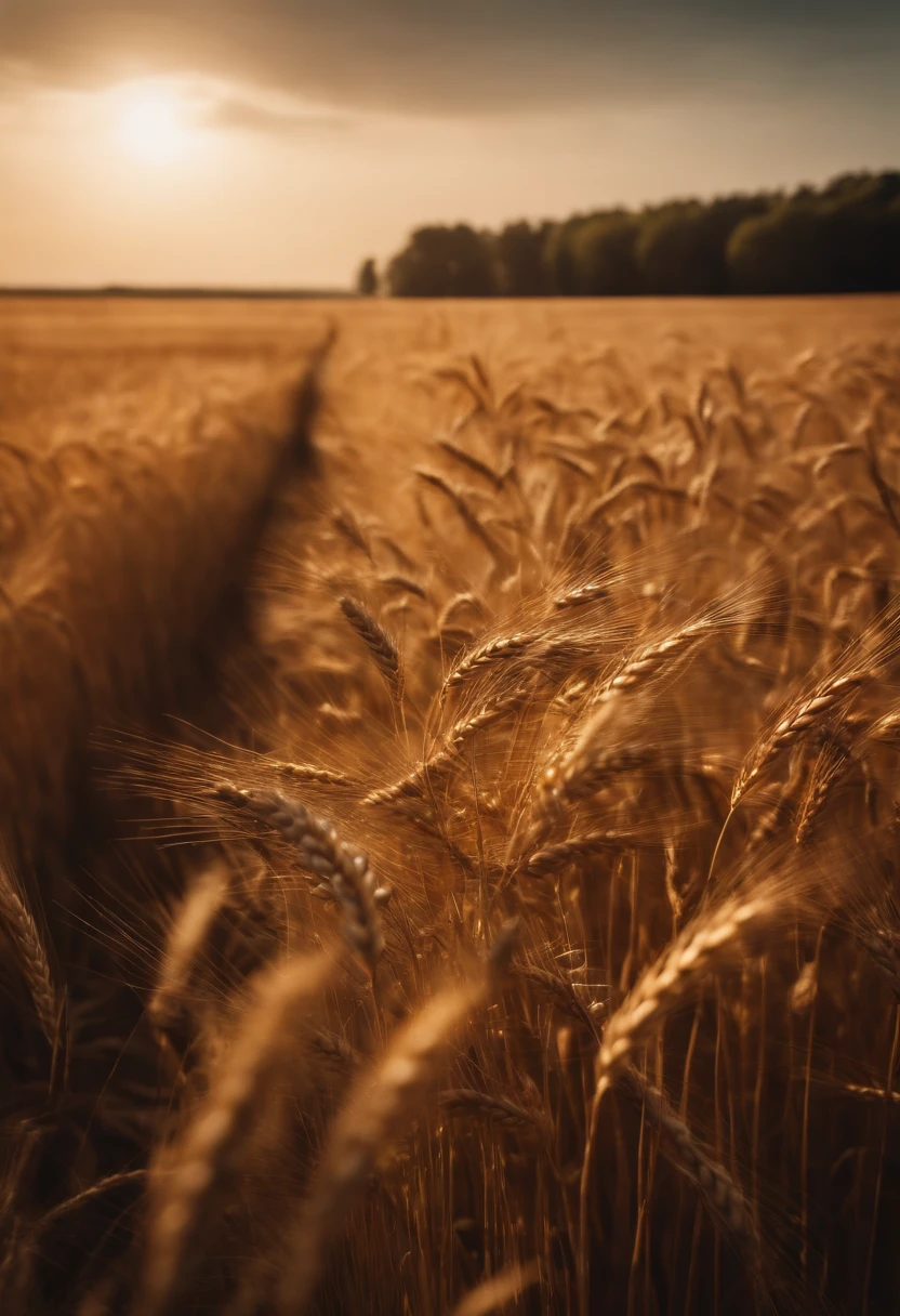 a wide-angle shot of a vast wheat field, showcasing the golden waves of grain as they sway in the wind