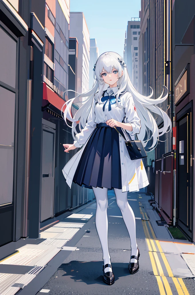 White-haired anime girl standing in front of the building, detailed digital anime art, clean and meticulous anime art, Detailed anime character art, Guweiz style artwork, Detailed anime artwork, finely detailled. Girl Front, detailed portrait of an anime girl, best anime 4k konachan wallpapers, Detailed key animation art, from Girl Front,Wearing a pleated skirt and white pantyhose