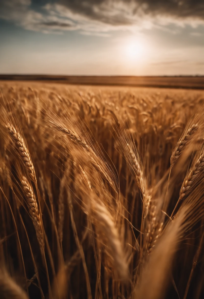 a wide-angle shot of a vast wheat field, showcasing the golden waves of grain as they sway in the wind