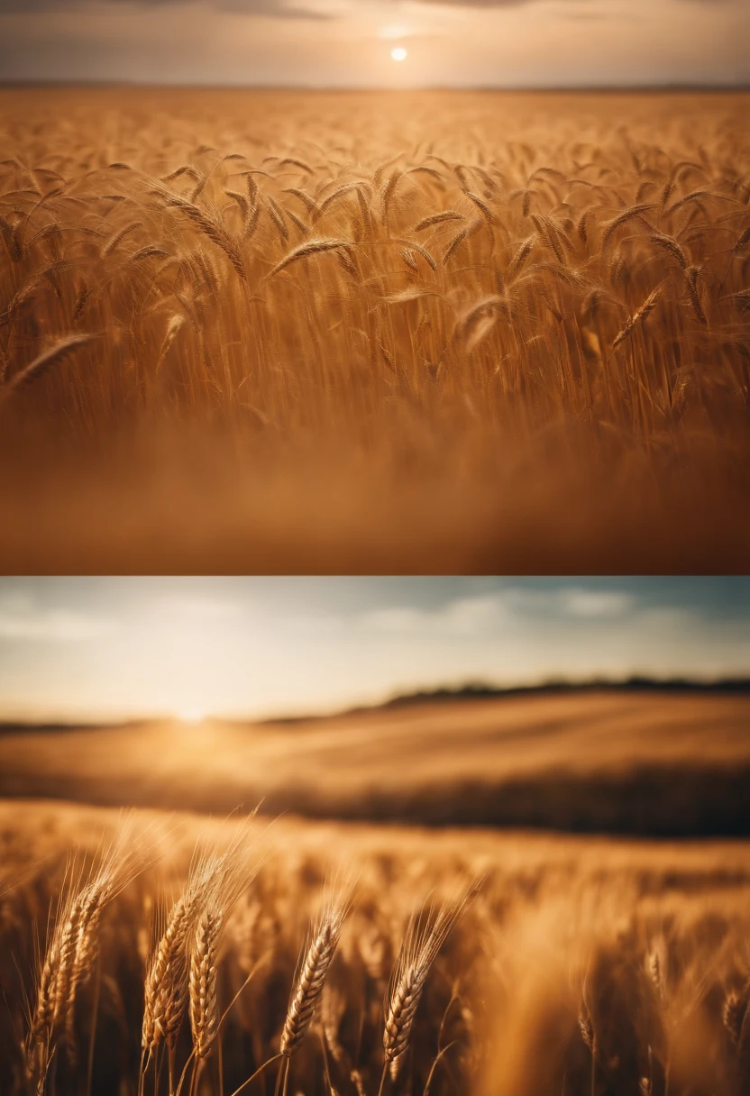a wide-angle shot of a vast wheat field, showcasing the golden waves of grain as they sway in the wind