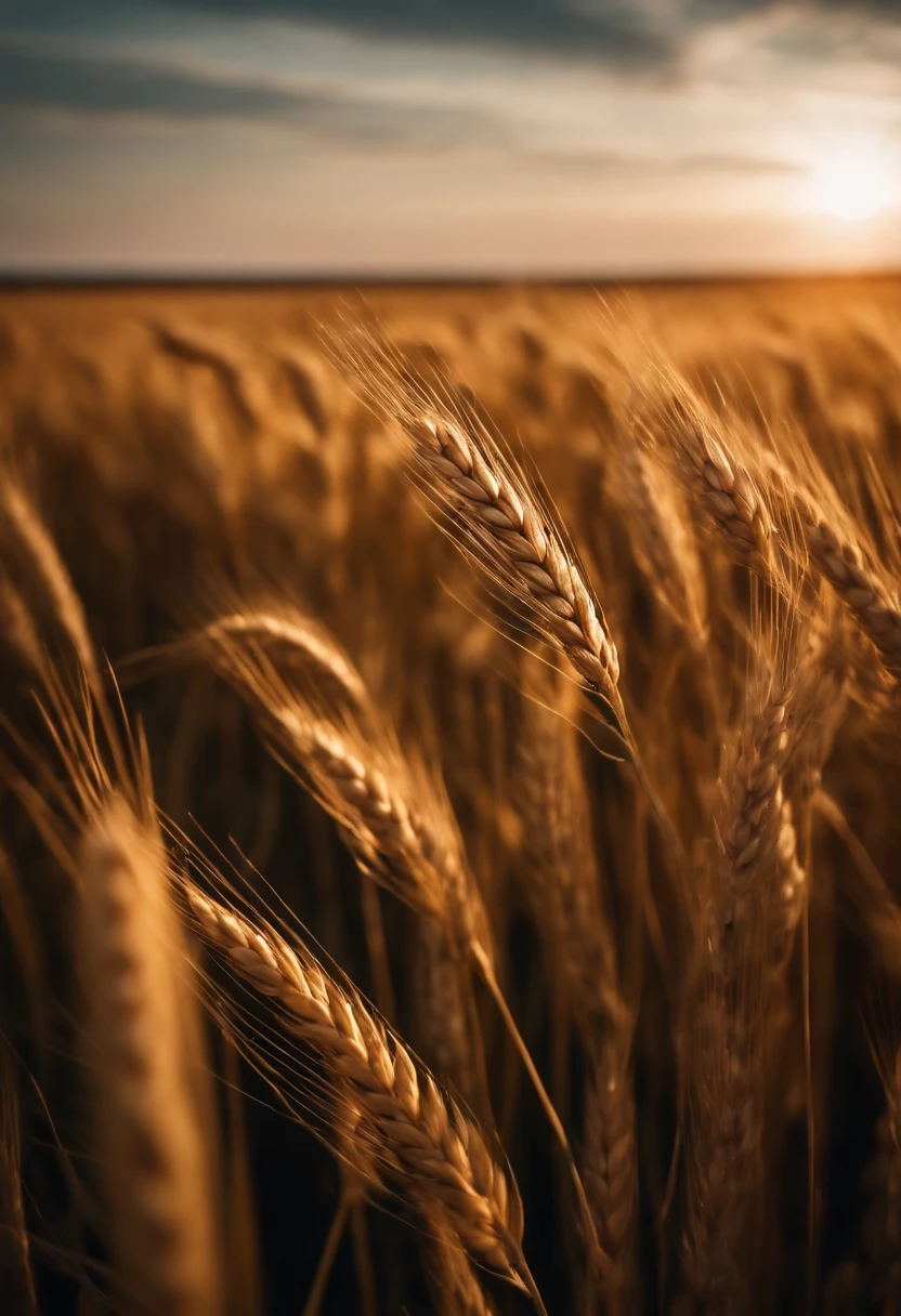 a wide-angle shot of a vast wheat field, showcasing the golden waves of grain as they sway in the wind