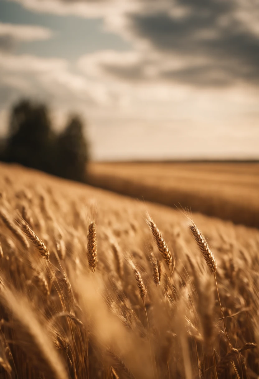 a wide-angle shot of a vast wheat field, showcasing the golden waves of grain as they sway in the wind