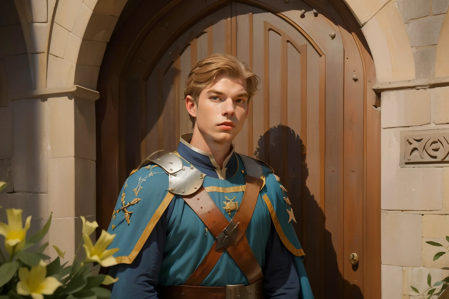 1170, Kingsbridge, England. Otherworldly scene in a medieval monastery cloister, ((((54-year-old)) Hunter Parrish)), knight, sheriff, accusing, ((vindictive furious smug expression)), ((((tunic from the 12th century)))), ((Hairstyle of the 12th century)), ((Wes Anderson cinematic style)), colorful