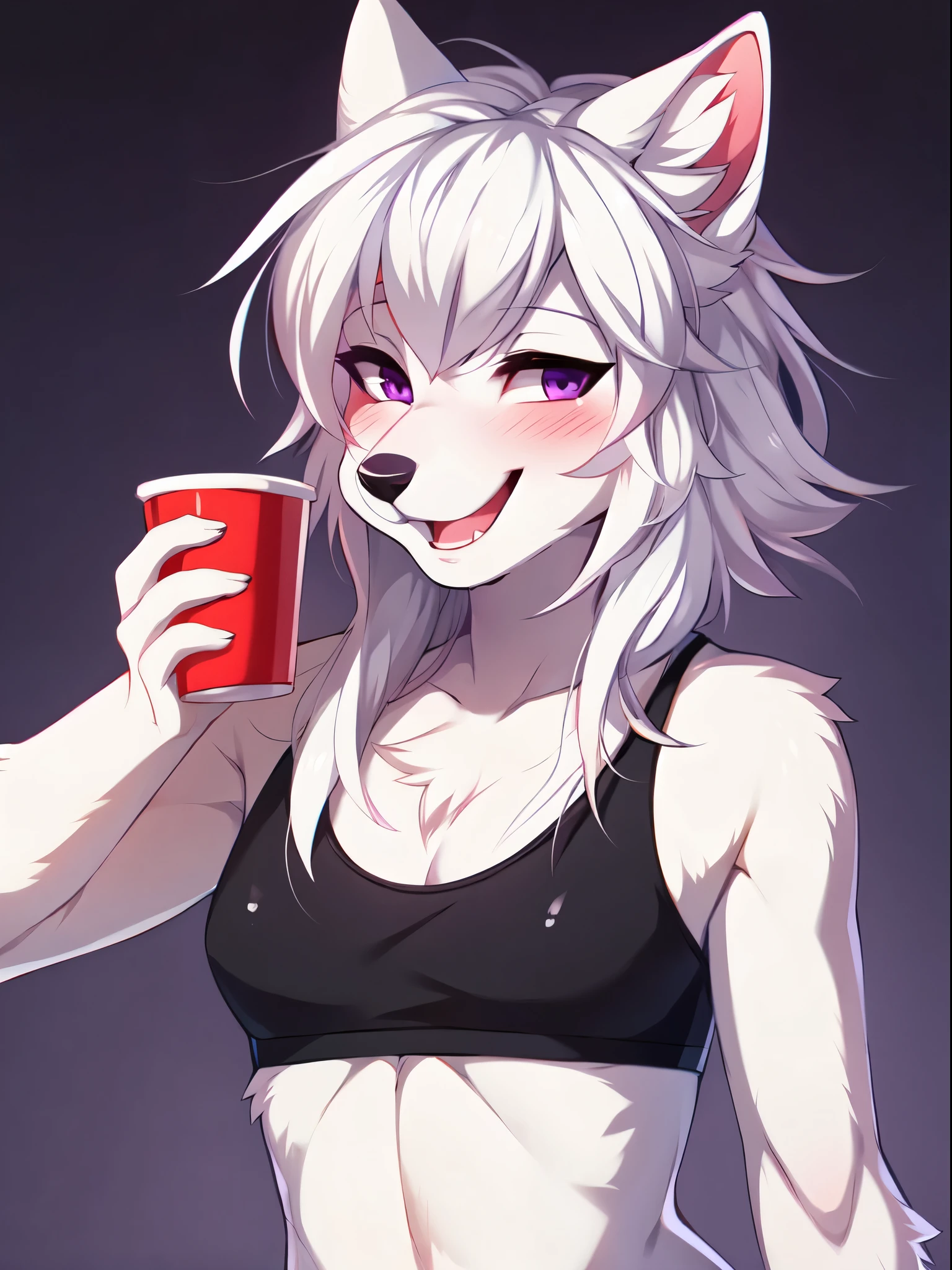 Solo, all white wolf boy, short white hair, bangs covering one eye, feminine, purple eyes, white wolf ears, cute snout, black nose, wearing black crop top, laughing, smiling, squinting, blushing, holding a red solo cup with both hands, standing, upper body shot, cell shading, by fumiko, by hioshiru, by hyattlen