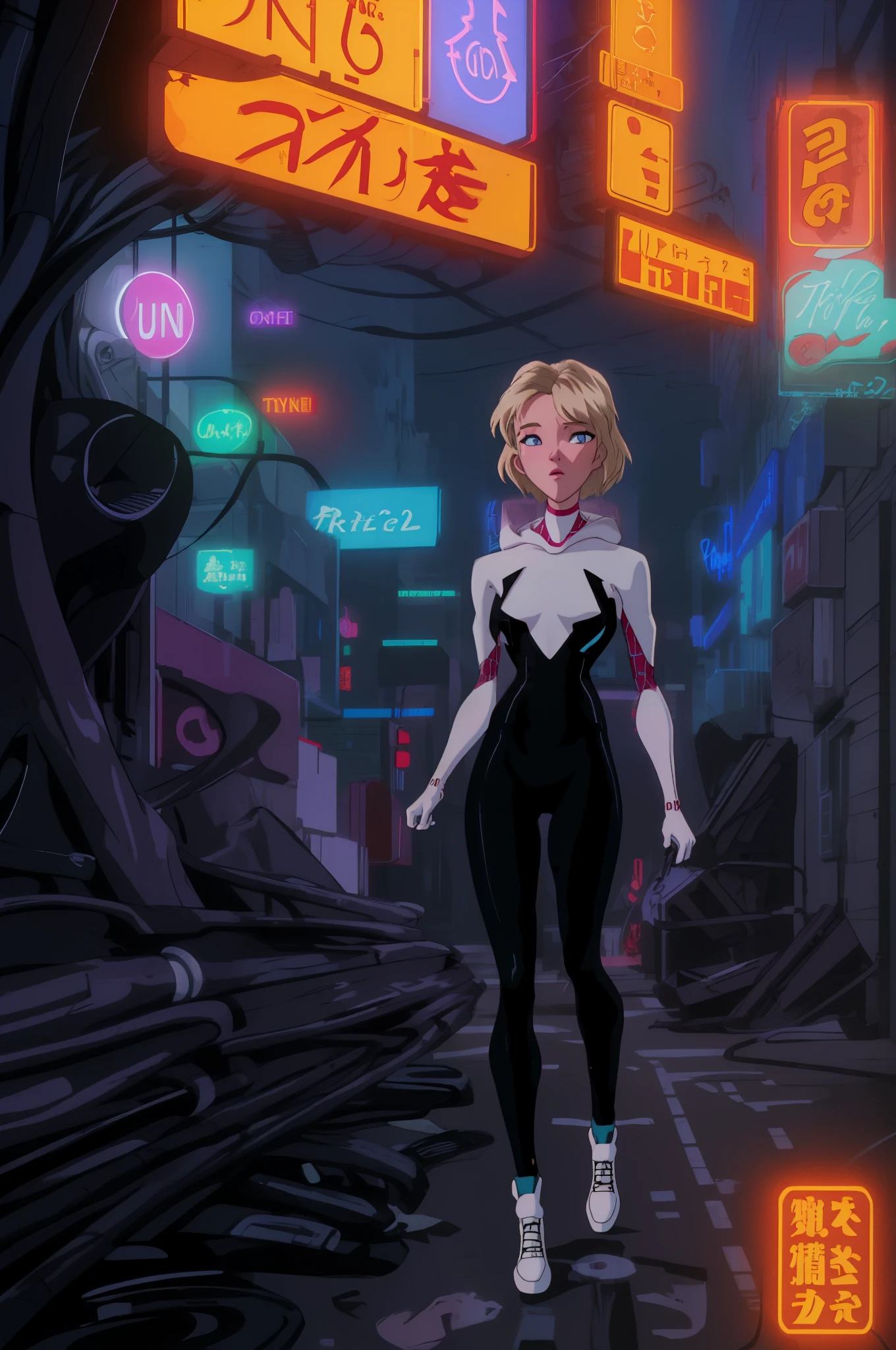 warm neon glow lights citypop JDM scene with a underground tokyo gwen stacy drifting on racecar cyberpunk city lofi vibe evangelion anime style
