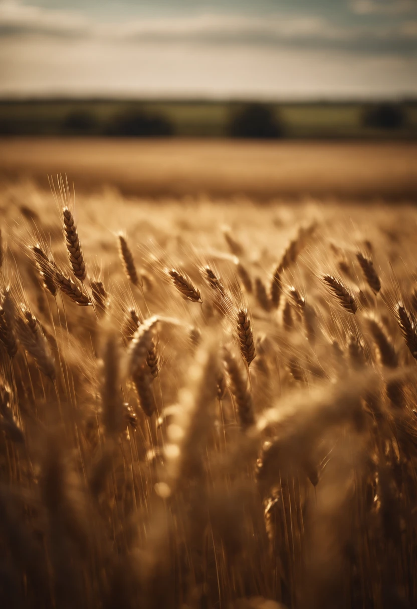 a wide-angle shot of a vast wheat field, showcasing the golden waves of grain as they sway in the wind