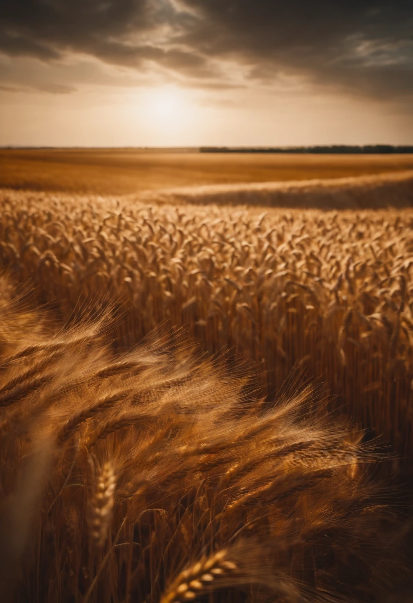 a wide-angle shot of a vast wheat field, showcasing the golden waves of grain as they sway in the wind