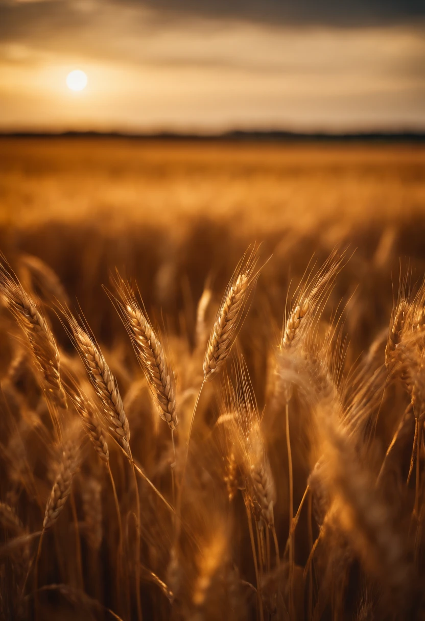 a wide-angle shot of a vast wheat field, showcasing the golden waves of grain as they sway in the wind