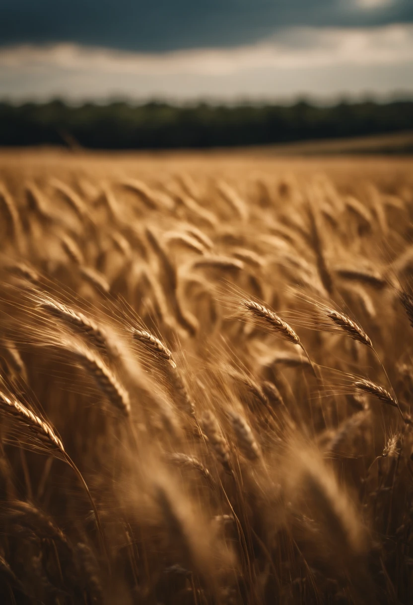 a wide-angle shot of a vast wheat field, showcasing the golden waves of grain as they sway in the wind