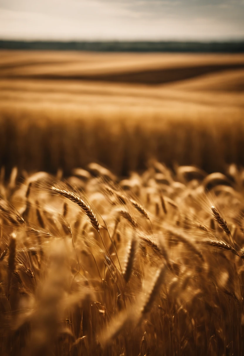 a wide-angle shot of a vast wheat field, showcasing the golden waves of grain as they sway in the wind
