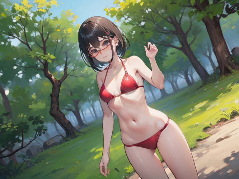Sarada, (Sarada Uchiha, Sozinha, cabelo curto, Angled Textured Bob) ,Eyeglasses, selva, red bikini, peito pequeno, ((top lease, de lado, artistic composition, boa qualidade, alta qualidade, qualidade detalhada, best quality, Angled Textured Bob, seios pequenos, fio dentai, dug bikini)),(olhos pretos, artistic composition, super detalhada),(olhos delicados), usando batom rosa, cabelo preto curto,(corpo fitness, corpo atletico), pele bronzeada, red polka dot bikini. standing under a tree. olhos detalhados. bumbum grande. de lado, marquinha de bronzeado, perspectiva lateral,(Uchiha Sarada, marquinha de bronzeado, Obra Prima)