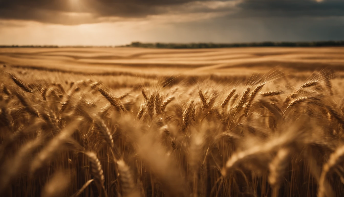 a wide-angle shot of a vast wheat field, showcasing the golden waves of grain as they sway in the wind