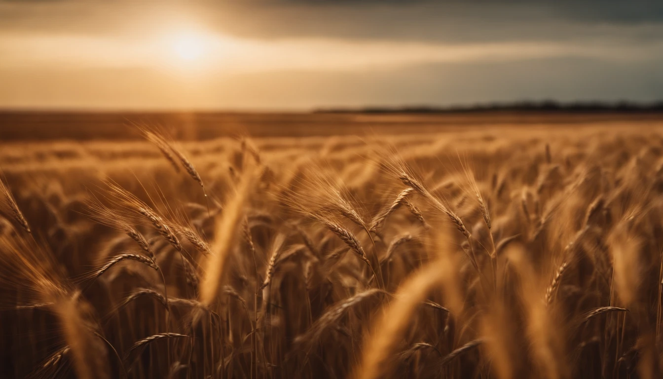 a wide-angle shot of a vast wheat field, showcasing the golden waves of grain as they sway in the wind