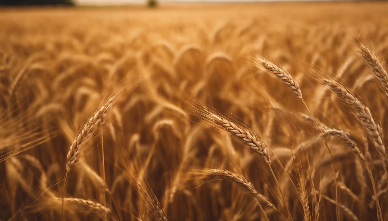 a wide-angle shot of a vast wheat field, showcasing the golden waves of grain as they sway in the wind