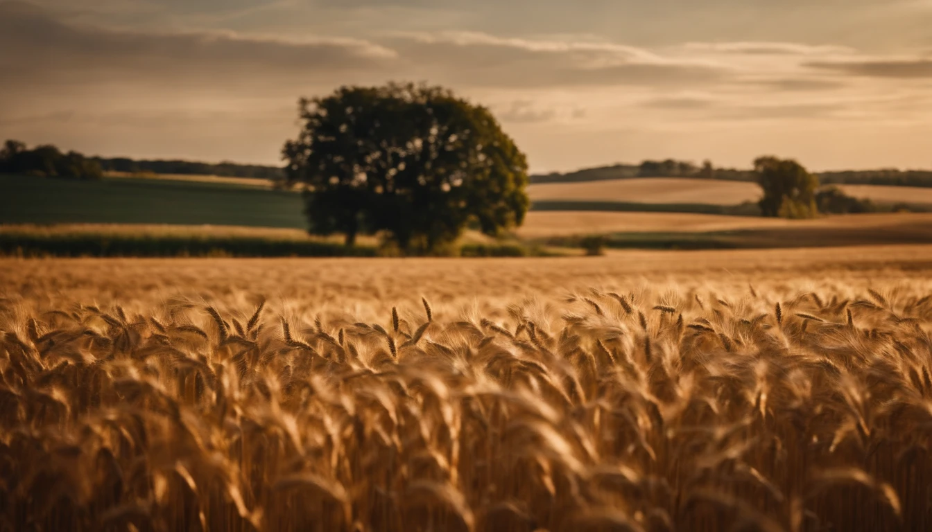 a wide-angle shot of a vast wheat field, showcasing the golden waves of grain as they sway in the wind