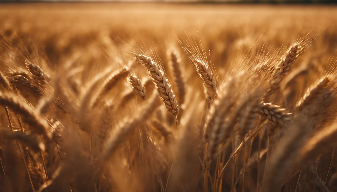 a wide-angle shot of a vast wheat field, showcasing the golden waves of grain as they sway in the wind
