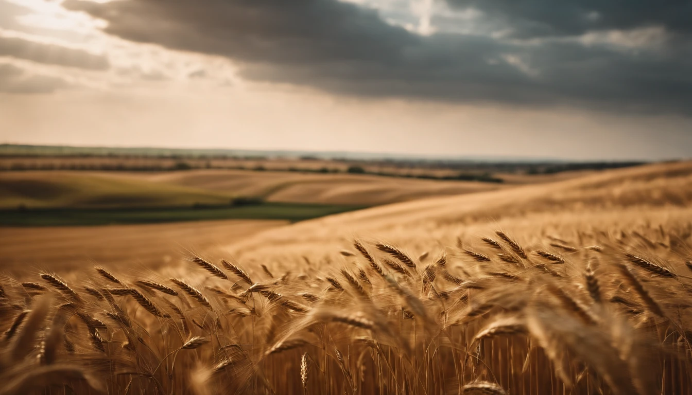 a wide-angle shot of a vast wheat field, showcasing the golden waves of grain as they sway in the wind