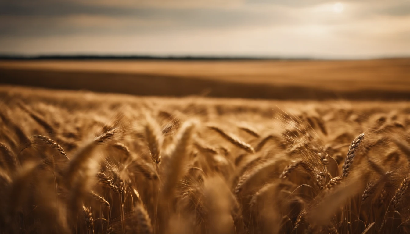 a wide-angle shot of a vast wheat field, showcasing the golden waves of grain as they sway in the wind