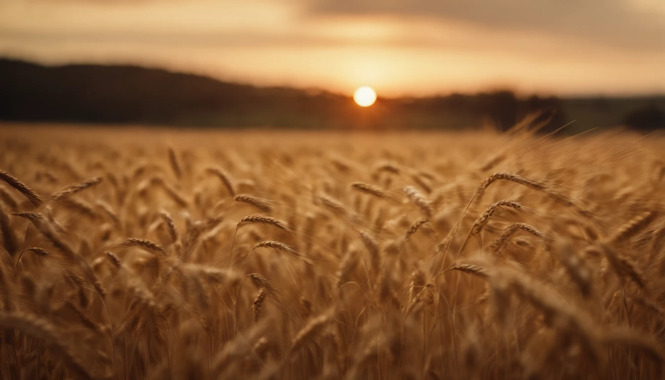 a wide-angle shot of a vast wheat field, showcasing the golden waves of grain as they sway in the wind