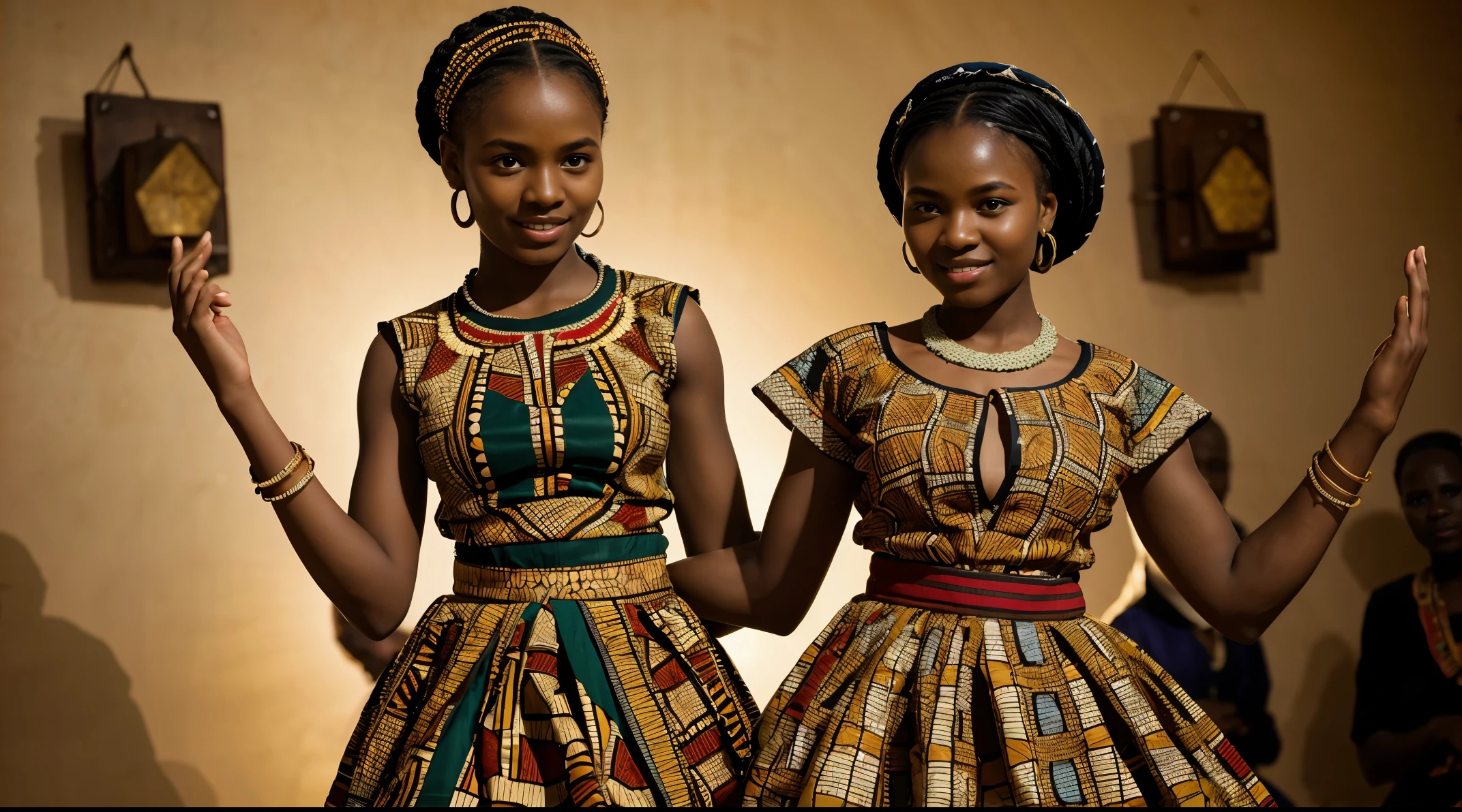 Ultra-realistic photograph of African Villagers dancing in communion, they are wearing Traditional attire with beautiful patterns. The people are unique individuals each with their own character. Cinematic lighting, perfect textures, highest face quality, perfect body proportions, perfect hands