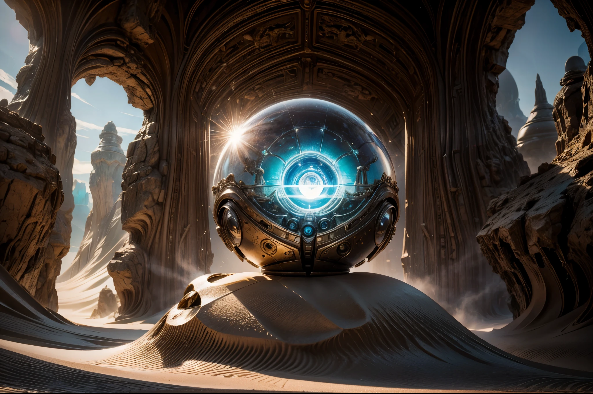 "((Mystical)) glass ball held by a Gorgeous girl in a robot dunes environment, (fantasy) setting, soft sunlight, best quality, high resolution, detailed, ((ethereal atmosphere)), (whimsical composition)." cowboyshot