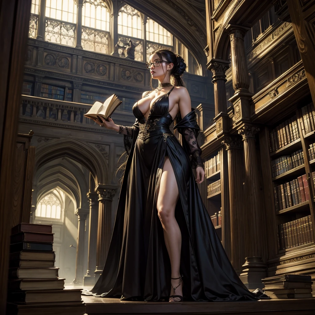 ((best quality)) ((masterpiece)) ((very detailed)) a beautiful adult woman is in a library, she is naked, her whole body is exposed, she is wearing glasses, her hair is tied up, she is slender , her breasts are gigantic, the woman is extremely sexy, she is taking an old book from the shelf, (view from below) very old books, old library, strong shadows, dark environment, full body, ((full body)).