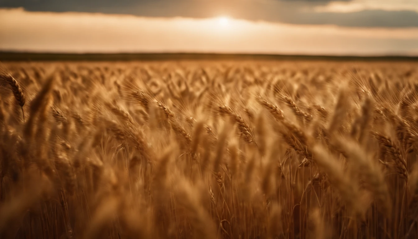 a wide-angle shot of a vast wheat field, showcasing the golden waves of grain as they sway in the wind