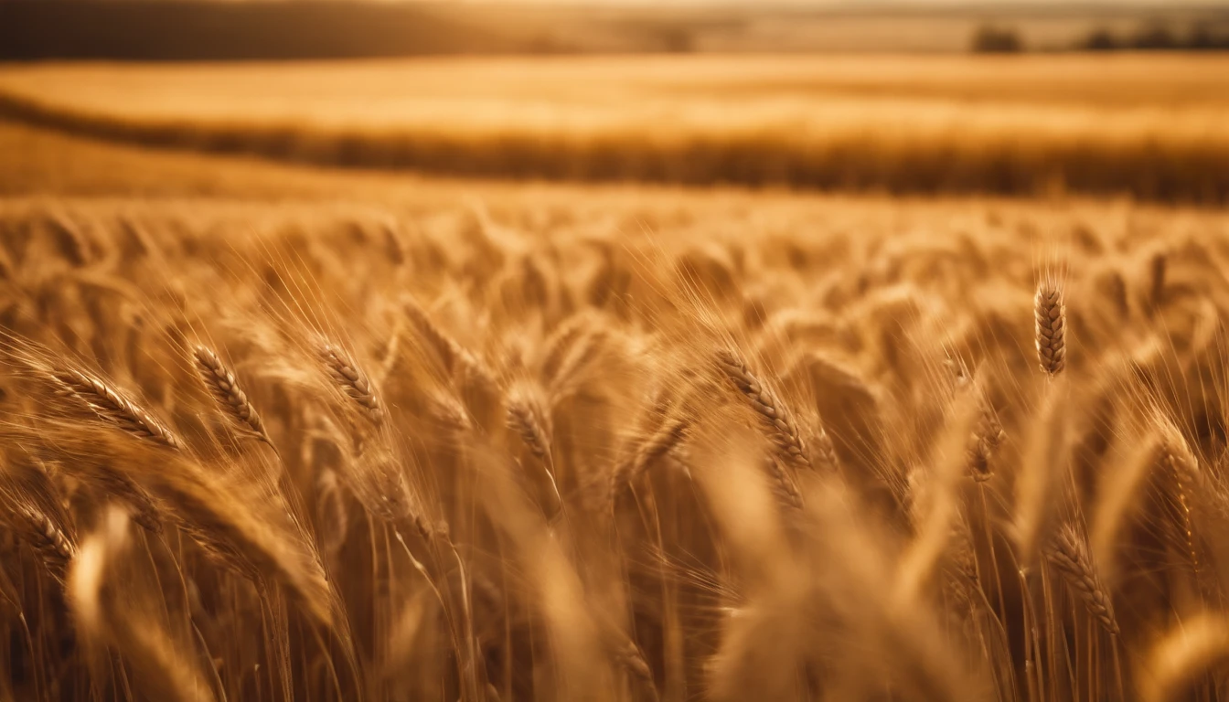 a wide-angle shot of a vast wheat field, showcasing the golden waves of grain as they sway in the wind