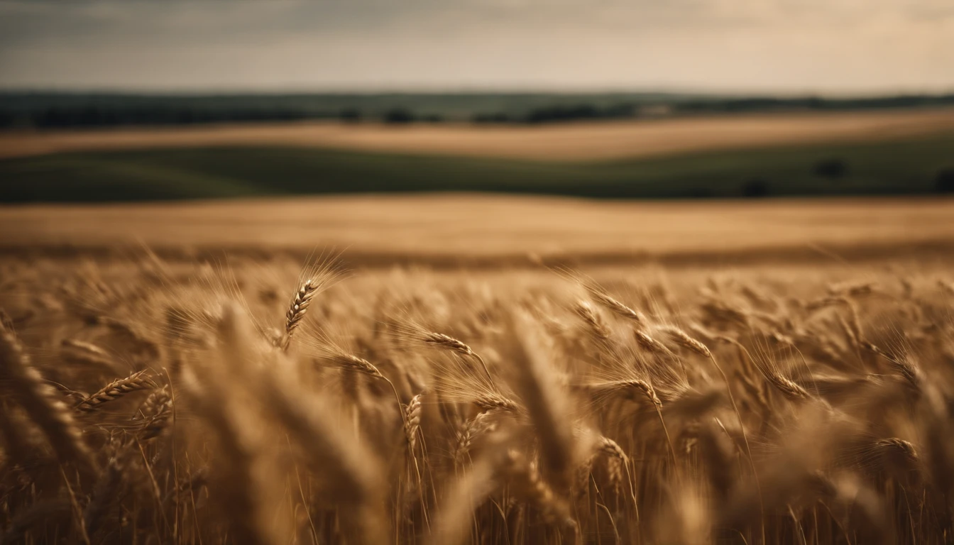 a wide-angle shot of a vast wheat field, showcasing the golden waves of grain as they sway in the wind