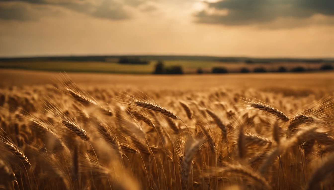 a wide-angle shot of a vast wheat field, showcasing the golden waves of grain as they sway in the wind