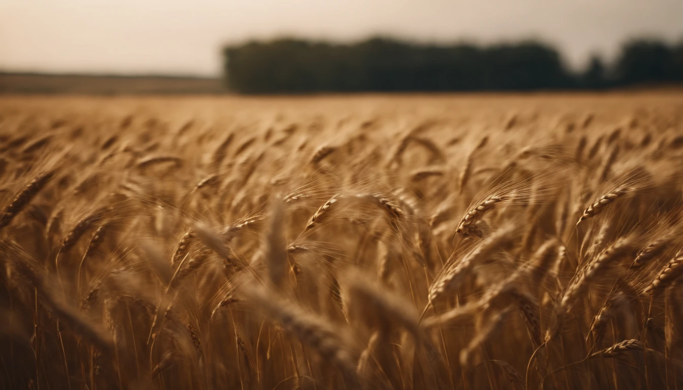a wide-angle shot of a vast wheat field, showcasing the golden waves of grain as they sway in the wind